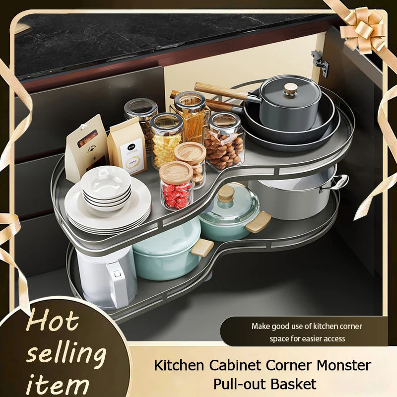 Corner Cabinet Kitchen Double Layer Rotating Fly Disc Magic Corner Basket Rack With Removable Trays And Built In Organizer