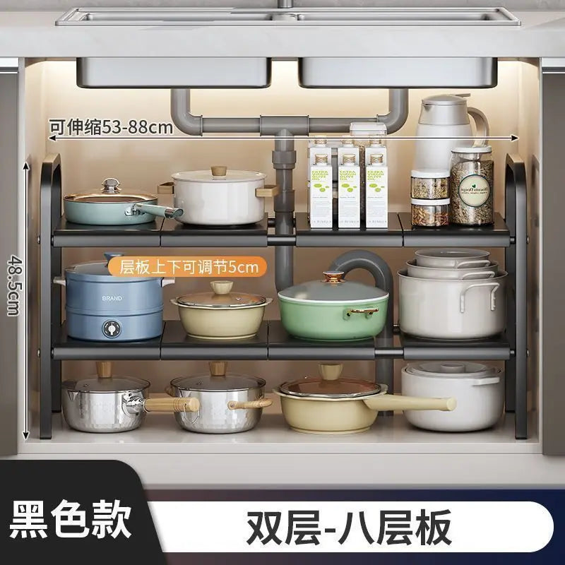 Multilayer Telescopic Kitchen Shelf No Drill Under Sink Storage Rack Expandable Cabinet Organizer for Kitchen Supplies Storage
