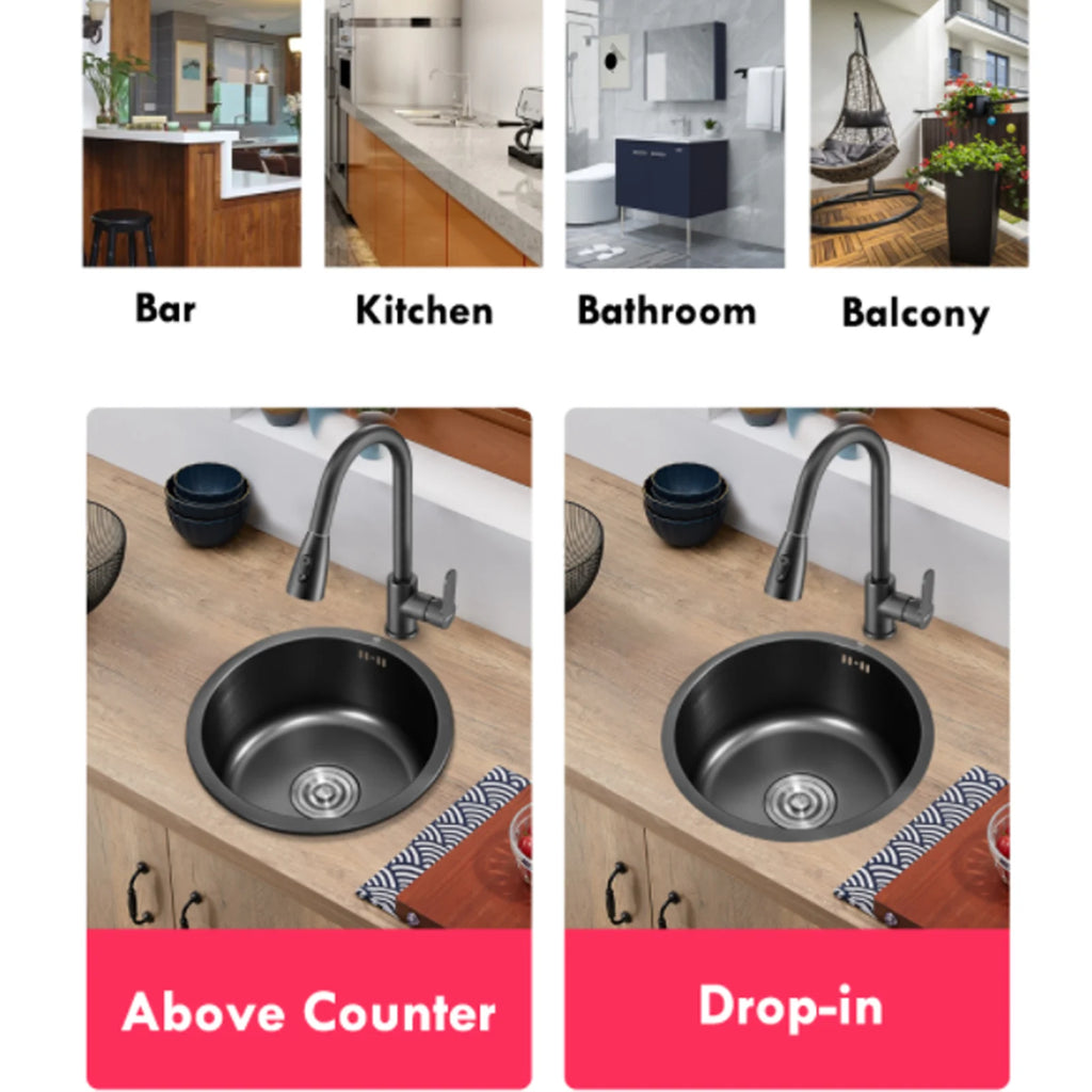Single Sink Black Diamond Sink Round Basin with Undermount Assembly for Kitchen Bar, Brushed 3030 Nano