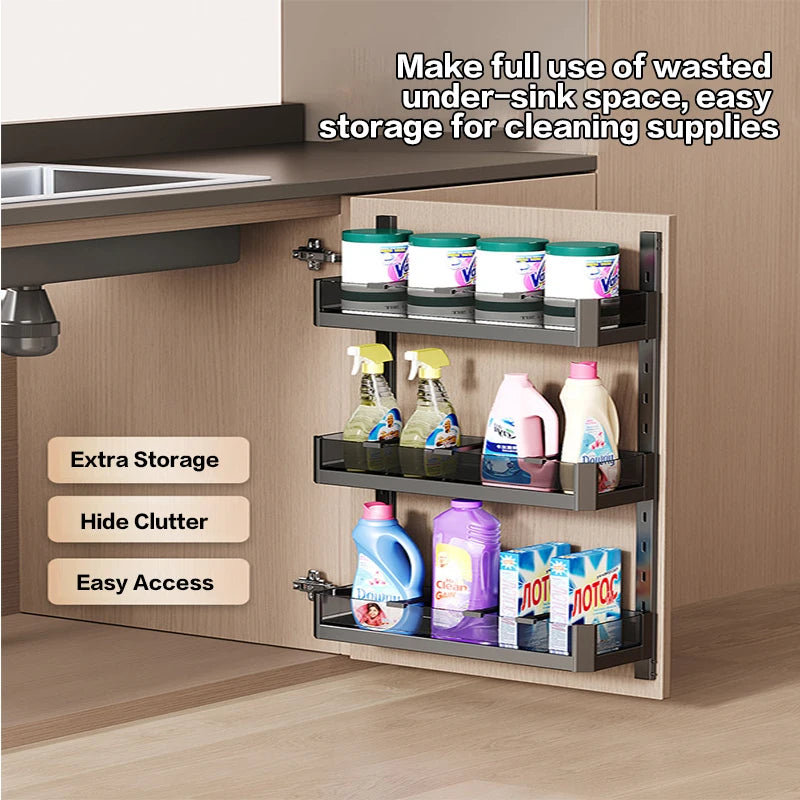 Under Sink Door Hanging Storage Basket Rack Multilayer Kitchen Cabinet Door Mounted Organizer Space Saving Pull Out Tray 287