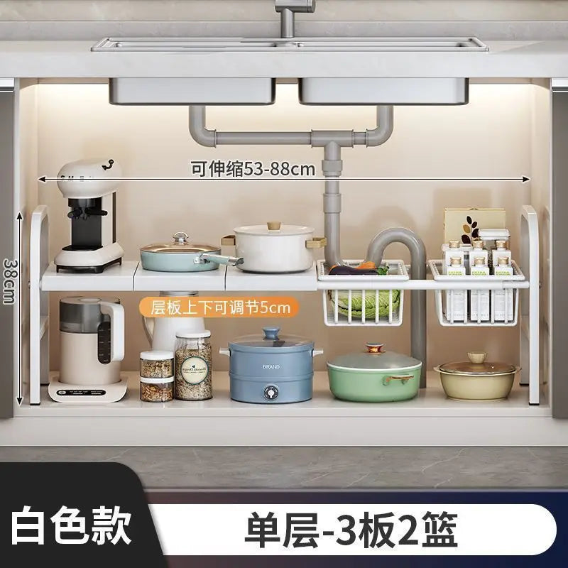 Multilayer Telescopic Kitchen Shelf No Drill Under Sink Storage Rack Expandable Cabinet Organizer for Kitchen Supplies Storage