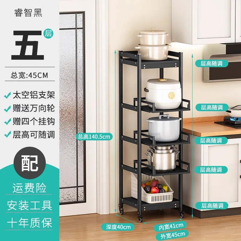 Freestanding Aluminium Kitchen Storage Rack Pull-Out Shelves Adjustable Multi-Tier Widths Caster Wheels Cookware Rice Cooker