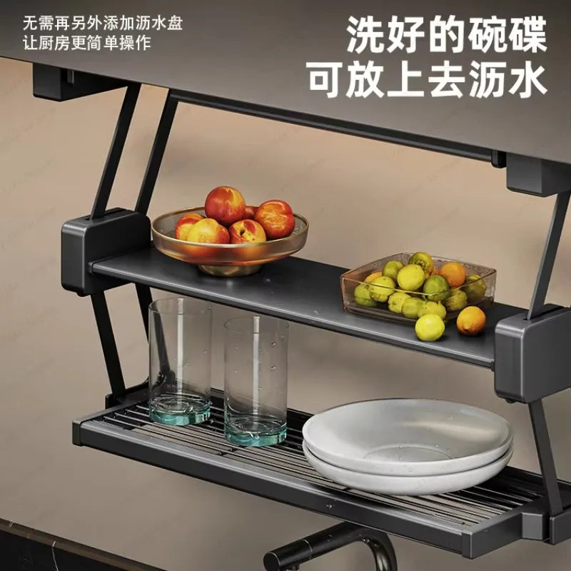 Kitchen food preparation telescopic rack pull-down double-layer lift basket cupboard dishes seasoning storage folding rack