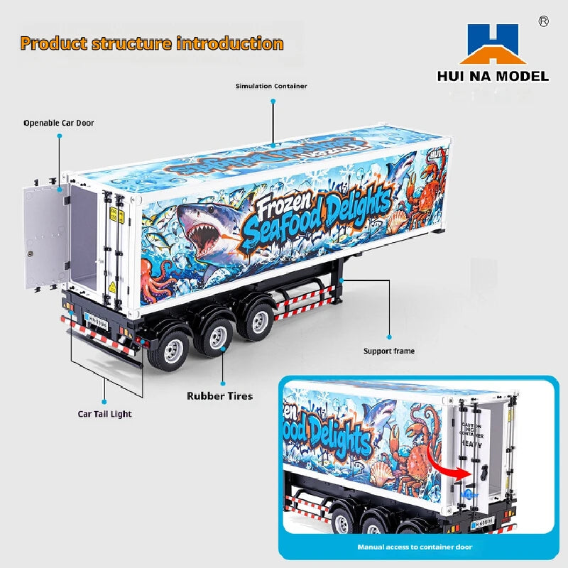 HUI NA MODEL 505D RC Transport Container 1/18 Scale Blue‑White Container Truck Trailer Tractor Head Not Included extra-long body