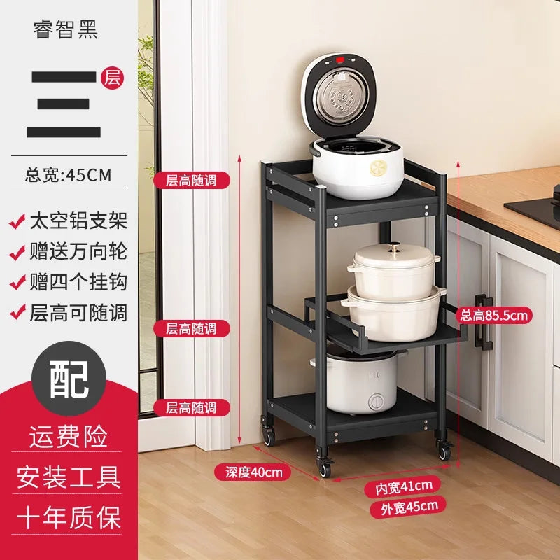 Freestanding Aluminium Kitchen Storage Rack Pull-Out Shelves Adjustable Multi-Tier Widths Caster Wheels Cookware Rice Cooker