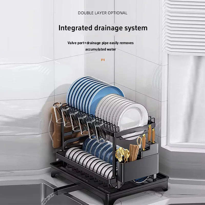 2 Tier Dish Drying Rack for Kitchen Countertop Multi-functional Dish Drainer With Utensil Holder Cup Holder Cutting Board Holder