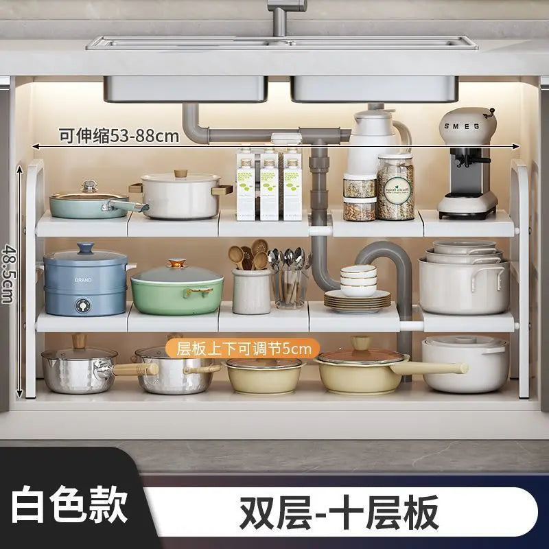 Multilayer Telescopic Kitchen Shelf No Drill Under Sink Storage Rack Expandable Cabinet Organizer for Kitchen Supplies Storage