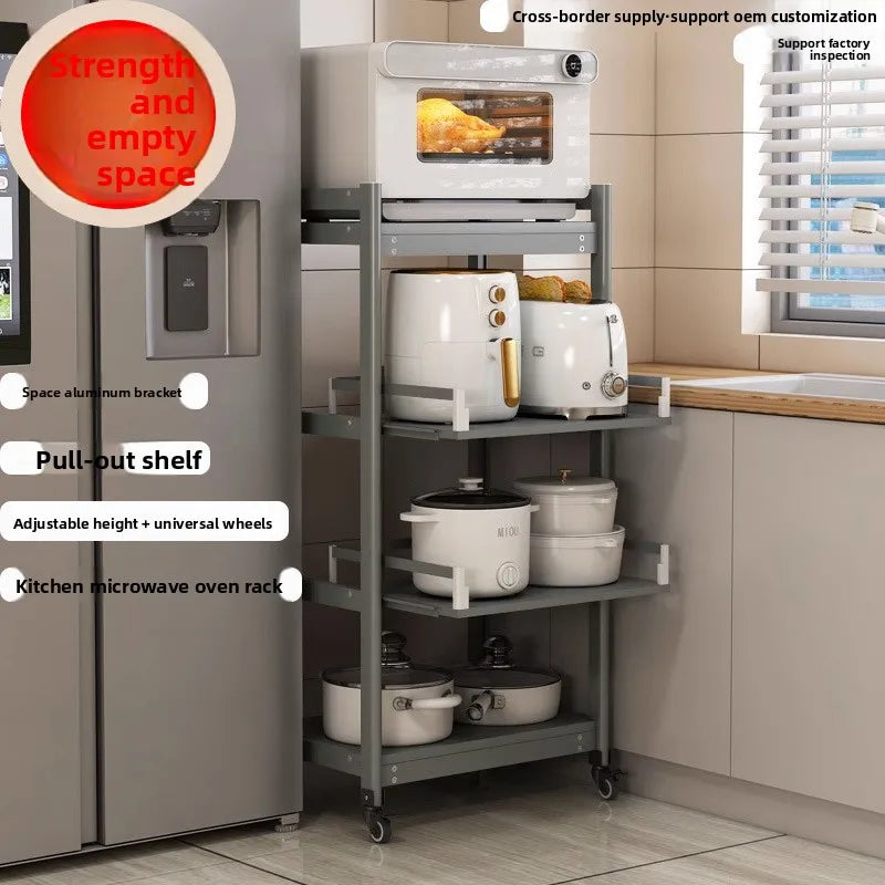 Freestanding Aluminium Kitchen Storage Rack Pull-Out Shelves Adjustable Multi-Tier Widths Caster Wheels Cookware Rice Cooker