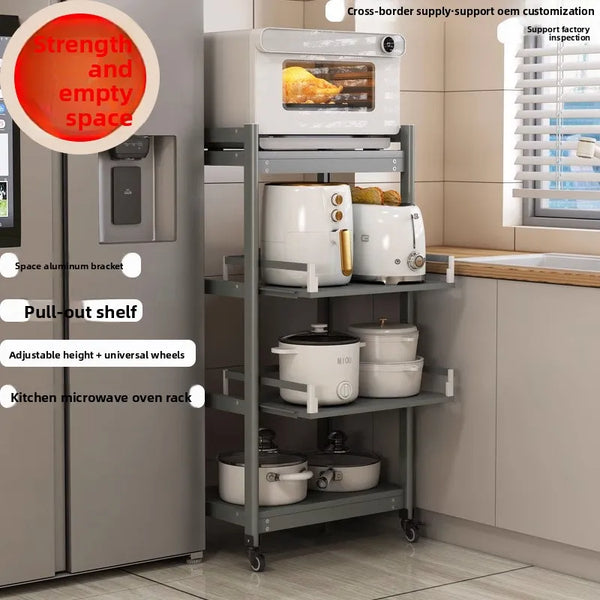 Freestanding Aluminium Kitchen Storage Rack Pull-Out Shelves Adjustable Multi-Tier Widths Caster Wheels Cookware Rice Cooker