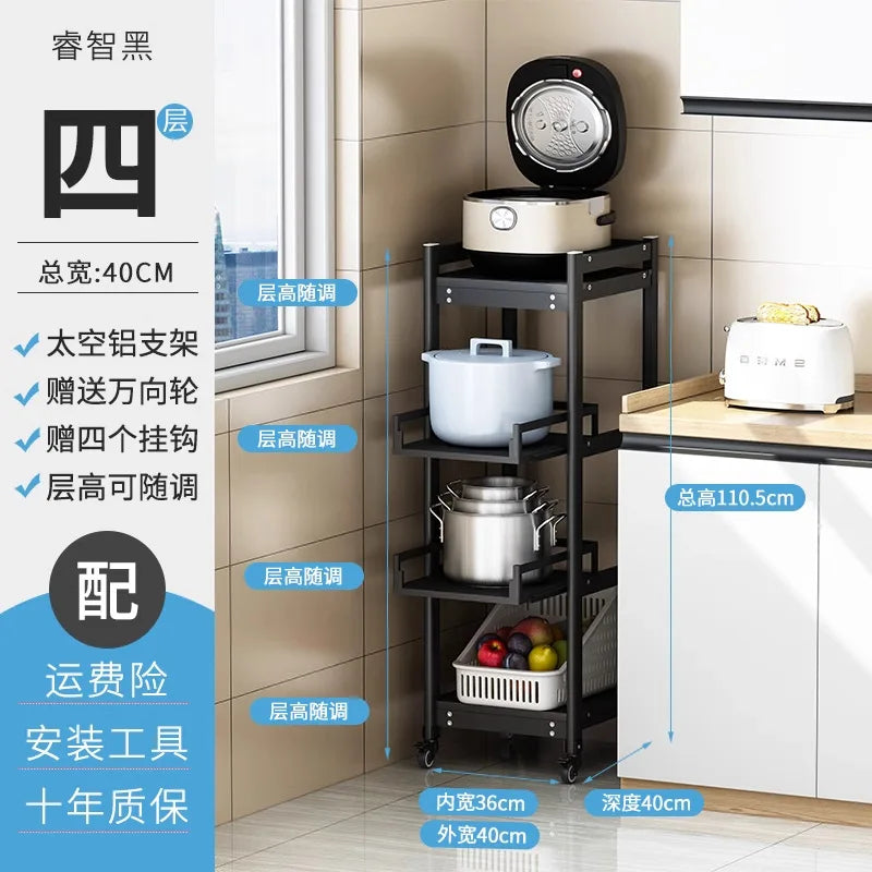 Freestanding Aluminium Kitchen Storage Rack Pull-Out Shelves Adjustable Multi-Tier Widths Caster Wheels Cookware Rice Cooker
