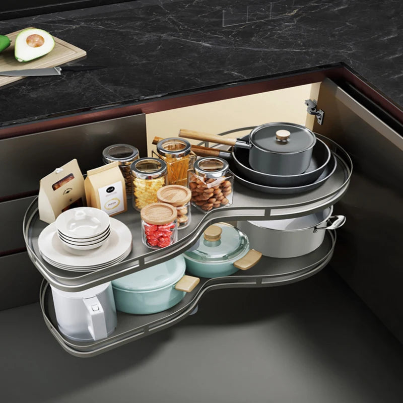 Corner Cabinet Kitchen Double Layer Rotating Fly Disc Magic Corner Basket Rack With Removable Trays And Built In Organizer