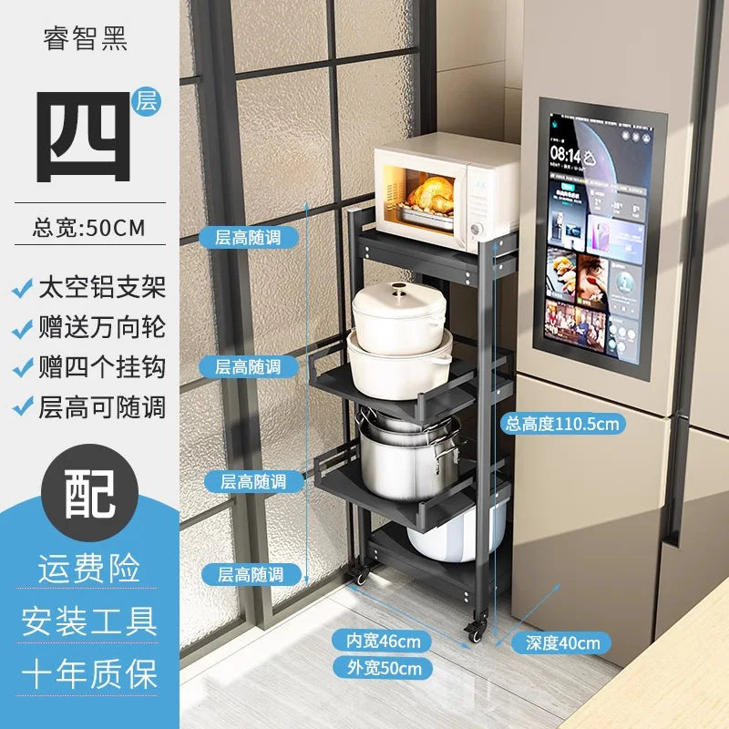Freestanding Aluminium Kitchen Storage Rack Pull-Out Shelves Adjustable Multi-Tier Widths Caster Wheels Cookware Rice Cooker