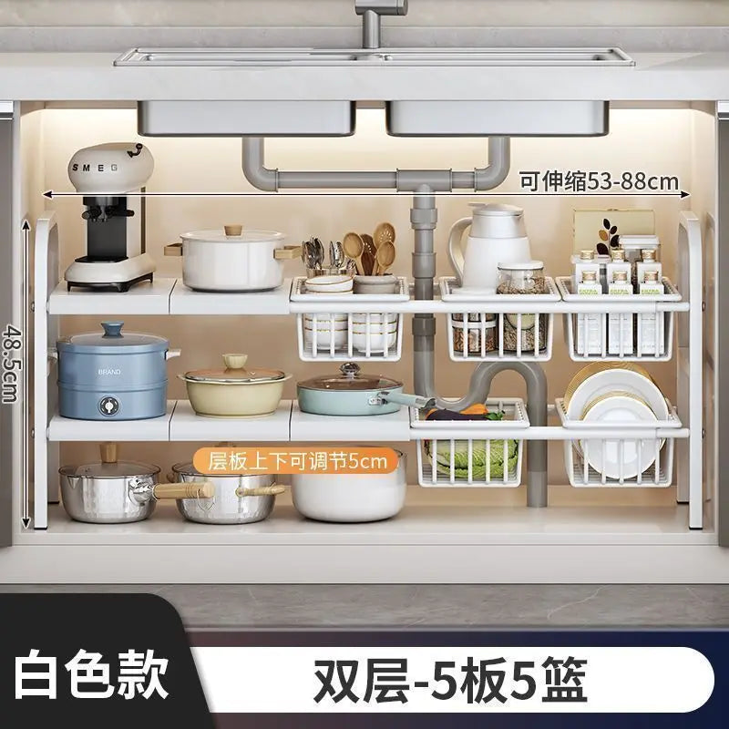 Multilayer Telescopic Kitchen Shelf No Drill Under Sink Storage Rack Expandable Cabinet Organizer for Kitchen Supplies Storage