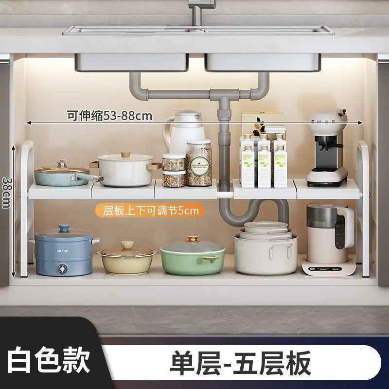 Multilayer Telescopic Kitchen Shelf No Drill Under Sink Storage Rack Expandable Cabinet Organizer for Kitchen Supplies Storage