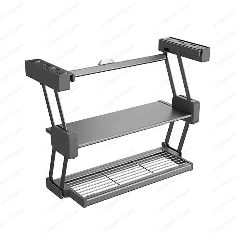 Kitchen food preparation telescopic rack pull-down double-layer lift basket cupboard dishes seasoning storage folding rack