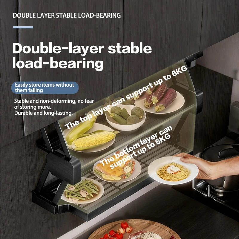 Pull Down Under Cabinet Spice Rack Double Layer Foldable Expandable Aluminum Kitchen Storage Shelf For Dishes Preparation