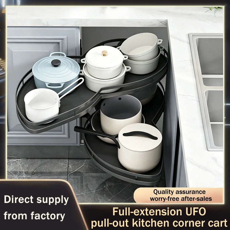 Pull Out Corner Kitchen Cabinet Rotating Magic Corner Fly Disc Double Tier Basket Rack With Smooth Gliding Rails Space Saving