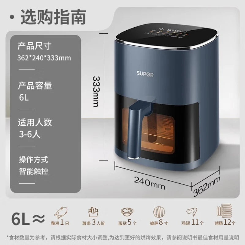 SUPOR 6L Automatic Air Fryer Smart Multifunctional Electric Fryer with Visible Steam Function for Home Use Large Capacity
