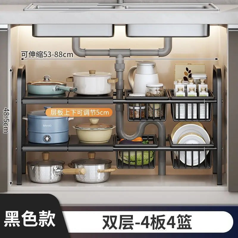 Multilayer Telescopic Kitchen Shelf No Drill Under Sink Storage Rack Expandable Cabinet Organizer for Kitchen Supplies Storage