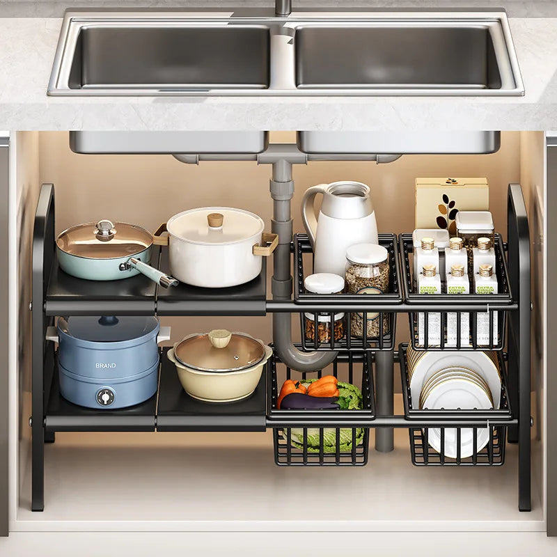 Multilayer Telescopic Kitchen Shelf No Drill Under Sink Storage Rack Expandable Cabinet Organizer for Kitchen Supplies Storage