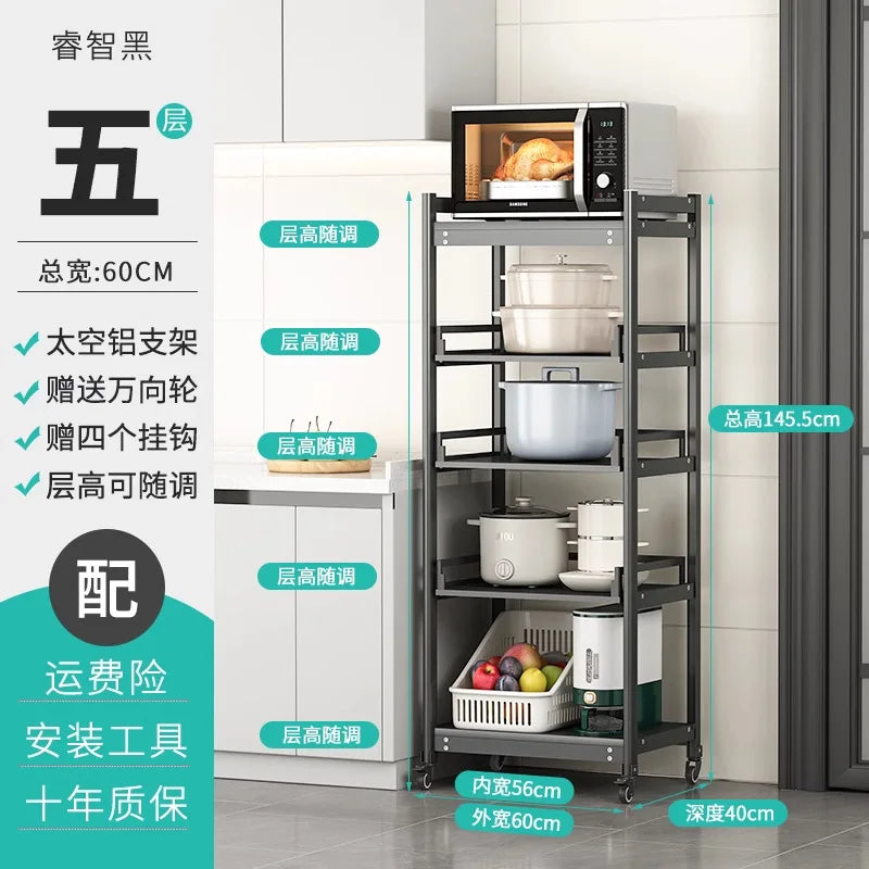 Freestanding Aluminium Kitchen Storage Rack Pull-Out Shelves Adjustable Multi-Tier Widths Caster Wheels Cookware Rice Cooker