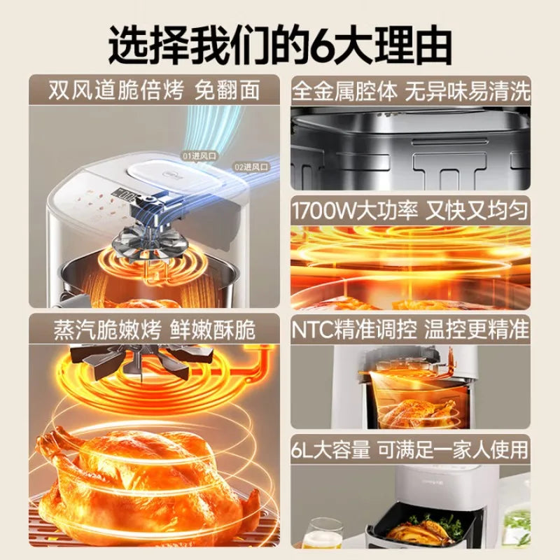 Joyoung Air Fryer: No flipping required, multi-functional home appliance with steaming, baking, and air frying capabilities.