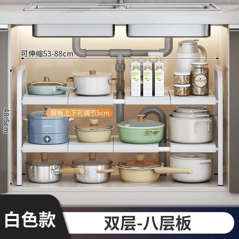 Multilayer Telescopic Kitchen Shelf No Drill Under Sink Storage Rack Expandable Cabinet Organizer for Kitchen Supplies Storage