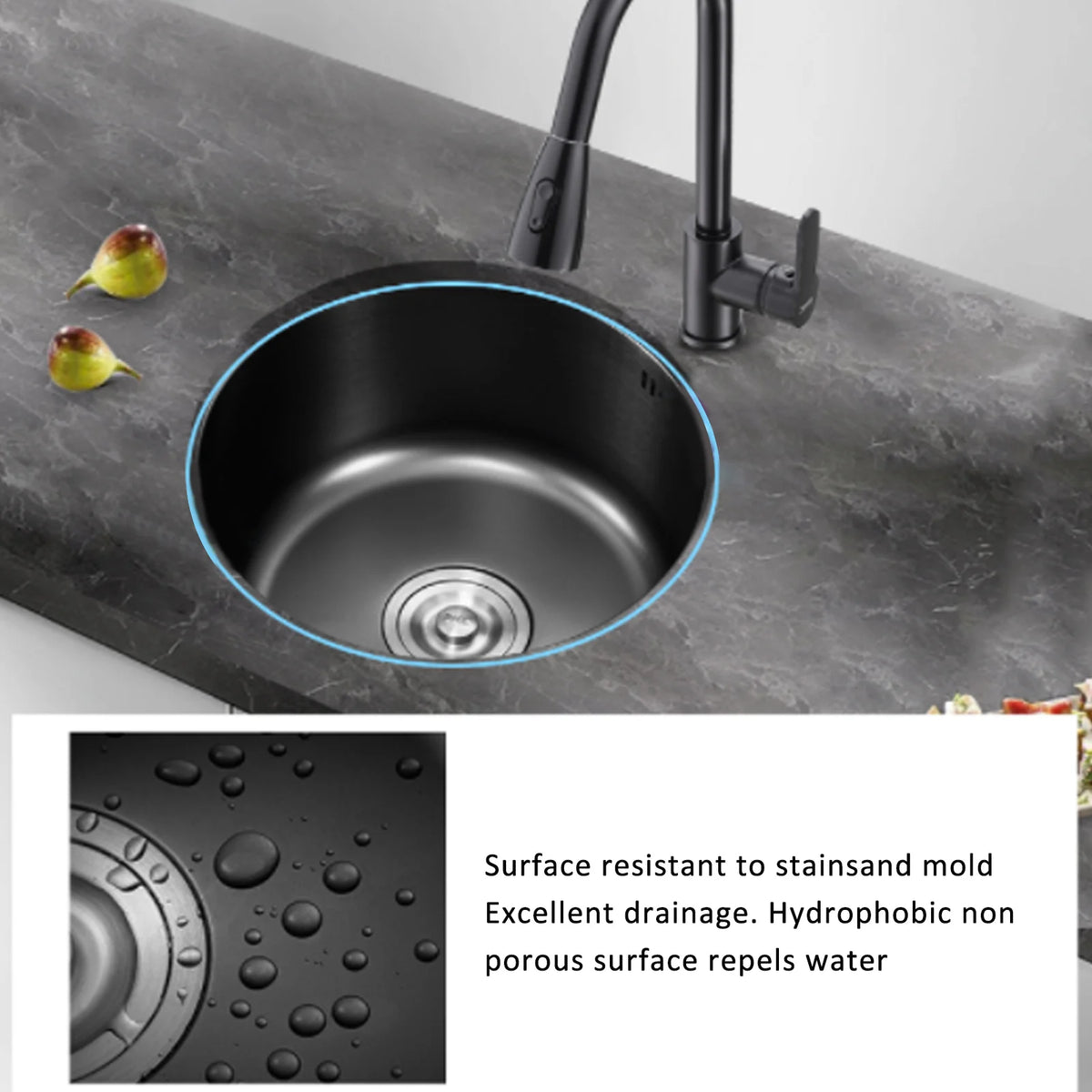 Single Sink Black Diamond Sink Round Basin with Undermount Assembly for Kitchen Bar, Brushed 3030 Nano