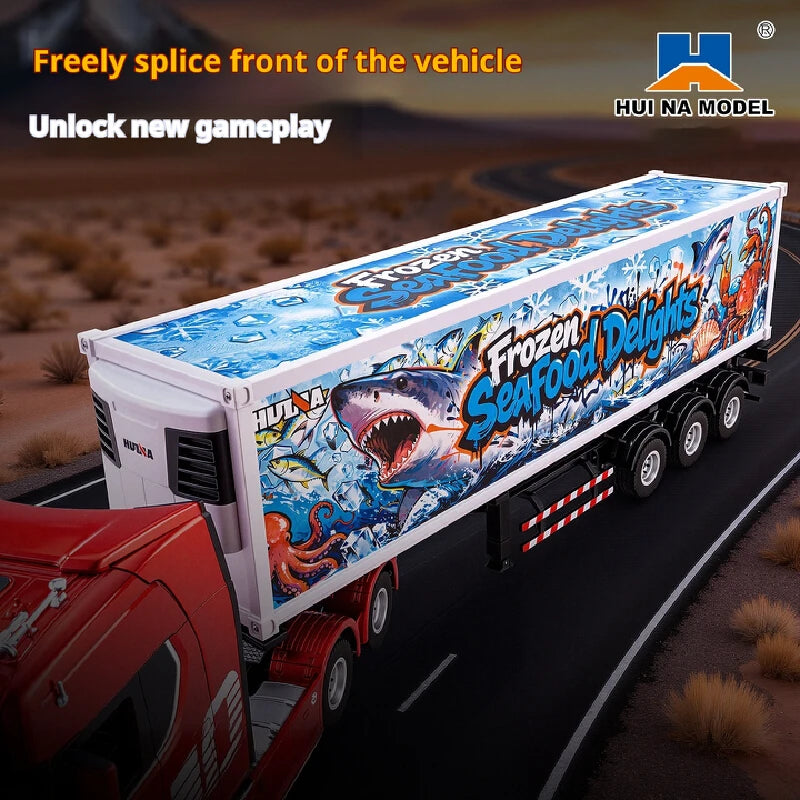 HUI NA MODEL 505D RC Transport Container 1/18 Scale Blue‑White Container Truck Trailer Tractor Head Not Included extra-long body