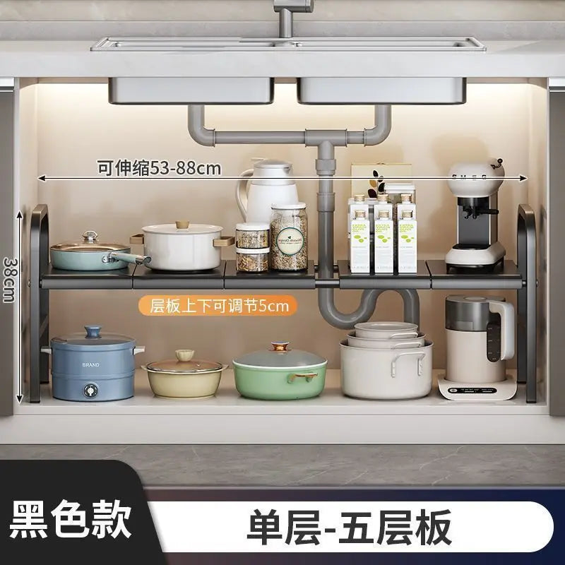 Multilayer Telescopic Kitchen Shelf No Drill Under Sink Storage Rack Expandable Cabinet Organizer for Kitchen Supplies Storage