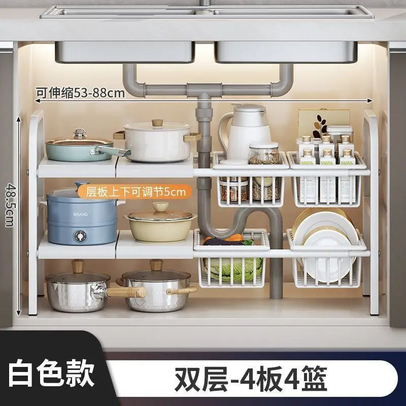 Multilayer Telescopic Kitchen Shelf No Drill Under Sink Storage Rack Expandable Cabinet Organizer for Kitchen Supplies Storage