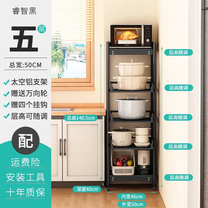 Freestanding Aluminium Kitchen Storage Rack Pull-Out Shelves Adjustable Multi-Tier Widths Caster Wheels Cookware Rice Cooker