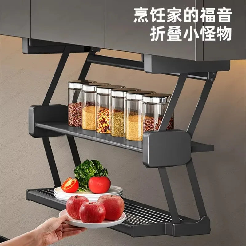 Kitchen food preparation telescopic rack pull-down double-layer lift basket cupboard dishes seasoning storage folding rack
