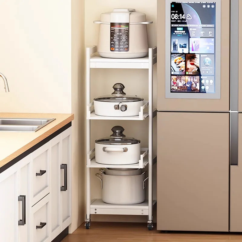 Freestanding Aluminium Kitchen Storage Rack Pull-Out Shelves Adjustable Multi-Tier Widths Caster Wheels Cookware Rice Cooker