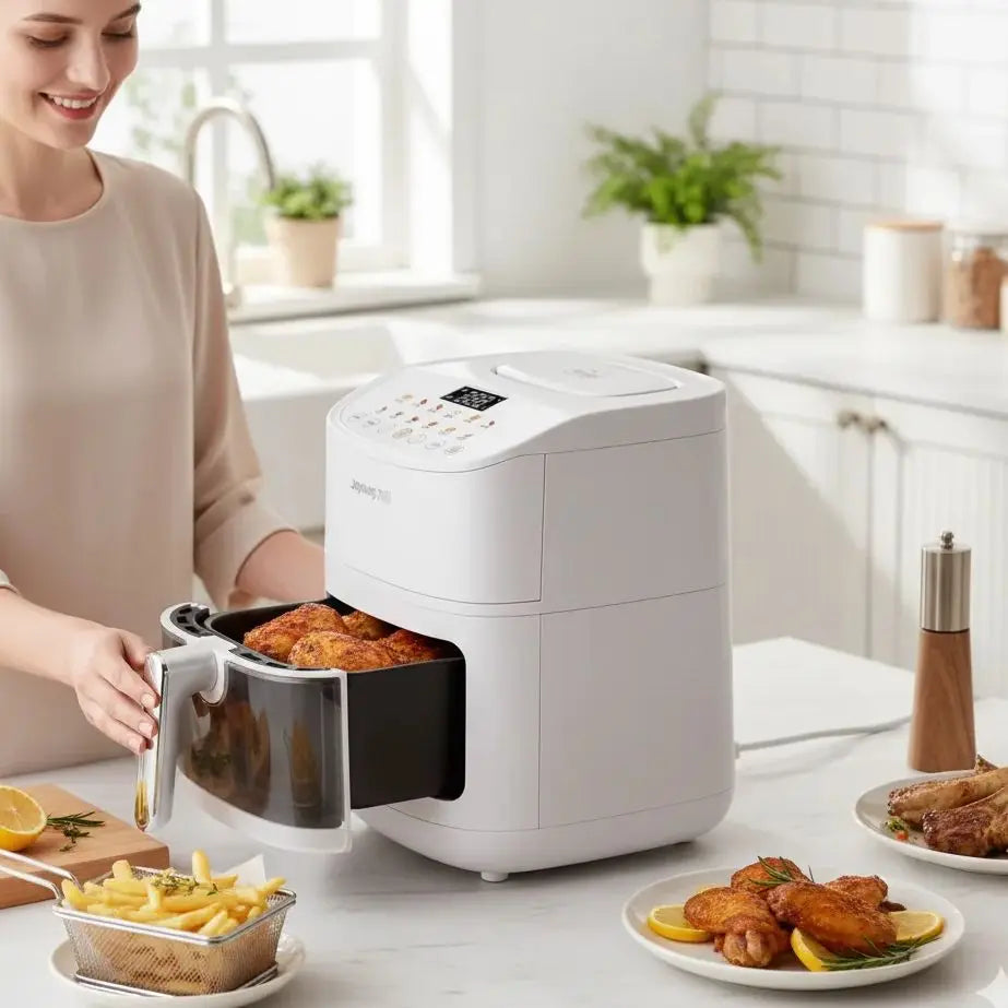Joyoung Air Fryer: No flipping required, multi-functional home appliance with steaming, baking, and air frying capabilities.