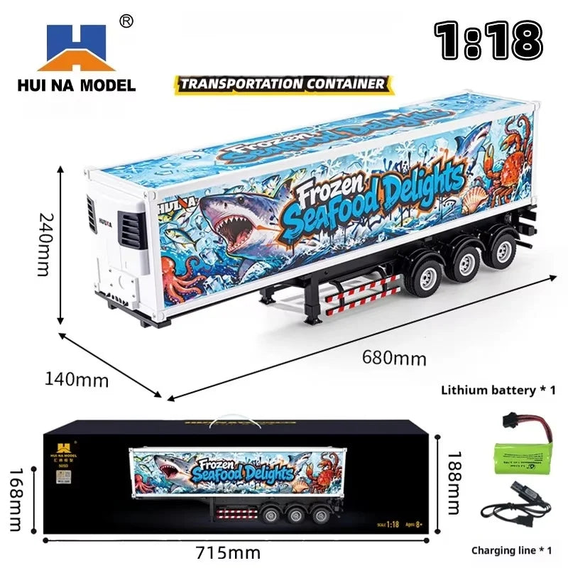 HUI NA MODEL 505D RC Transport Container 1/18 Scale Blue‑White Container Truck Trailer Tractor Head Not Included extra-long body
