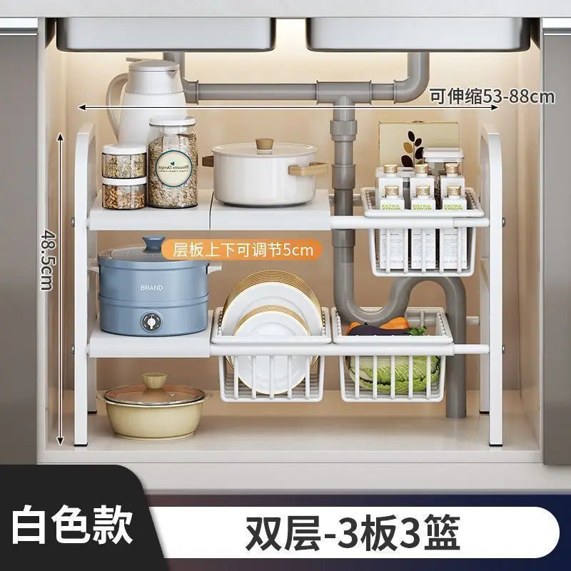 Multilayer Telescopic Kitchen Shelf No Drill Under Sink Storage Rack Expandable Cabinet Organizer for Kitchen Supplies Storage