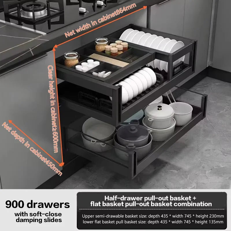 Pull-Out Basket Kitchen Cabinet Double-Layer Pull-Out Space Aluminum Alloy Drawer To Store Seasoning Kitchen Cabinet Bowl Basket