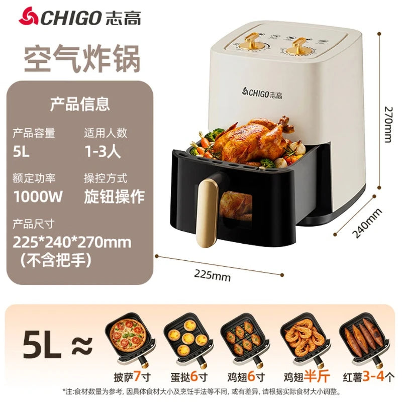 CHIGO air fryer household multifunctional steaming and baking integrated small 1-2 person visible model with large window 5L