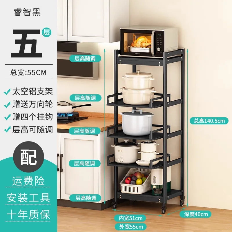 Freestanding Aluminium Kitchen Storage Rack Pull-Out Shelves Adjustable Multi-Tier Widths Caster Wheels Cookware Rice Cooker