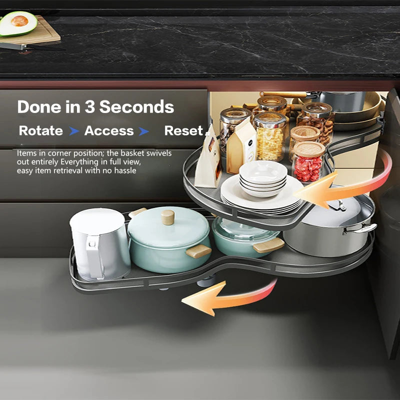 Pull Out Corner Kitchen Cabinet Rotating Magic Corner Fly Disc Double Tier Basket Rack With Smooth Gliding Rails Space Saving