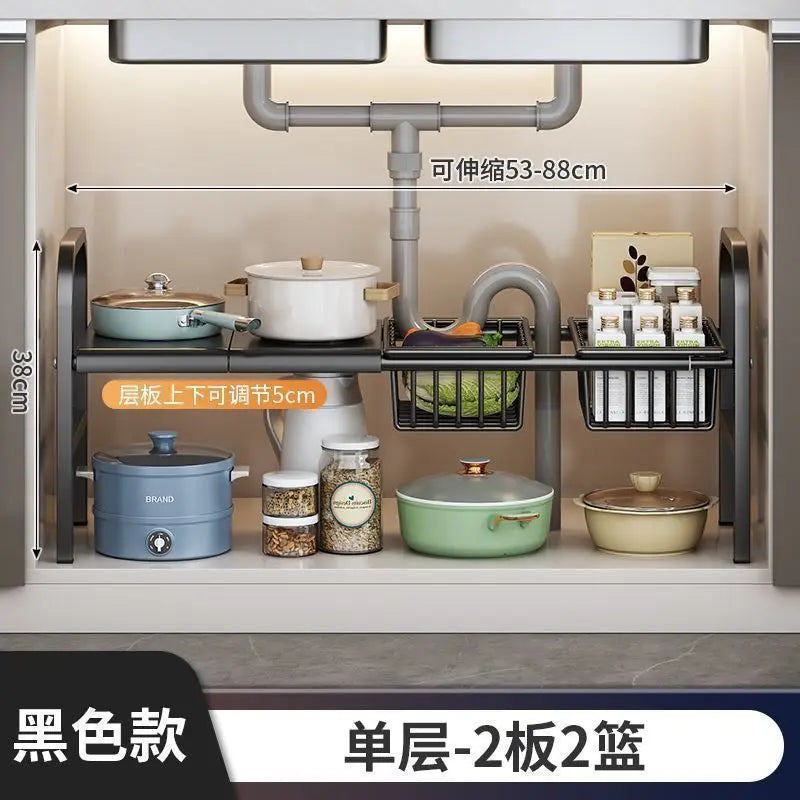 Multilayer Telescopic Kitchen Shelf No Drill Under Sink Storage Rack Expandable Cabinet Organizer for Kitchen Supplies Storage
