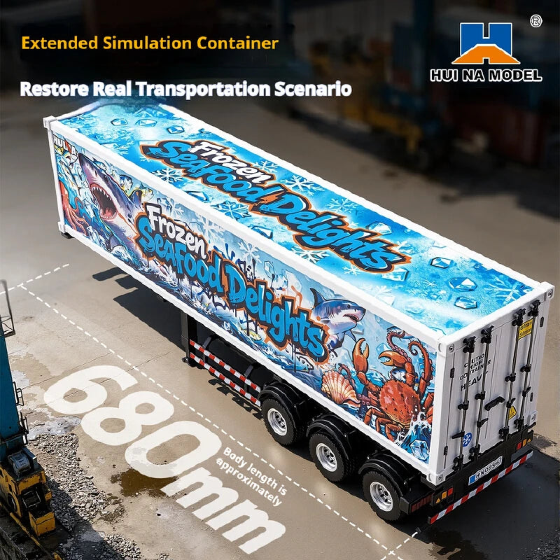 HUI NA MODEL 505D RC Transport Container 1/18 Scale Blue‑White Container Truck Trailer Tractor Head Not Included extra-long body