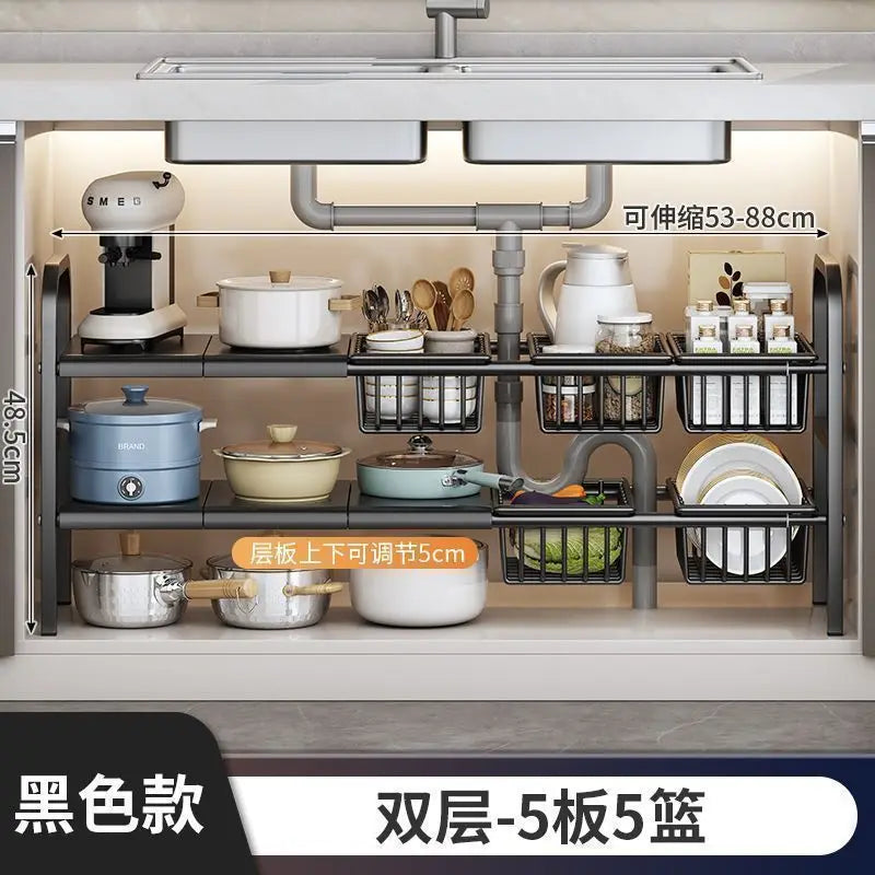 Multilayer Telescopic Kitchen Shelf No Drill Under Sink Storage Rack Expandable Cabinet Organizer for Kitchen Supplies Storage