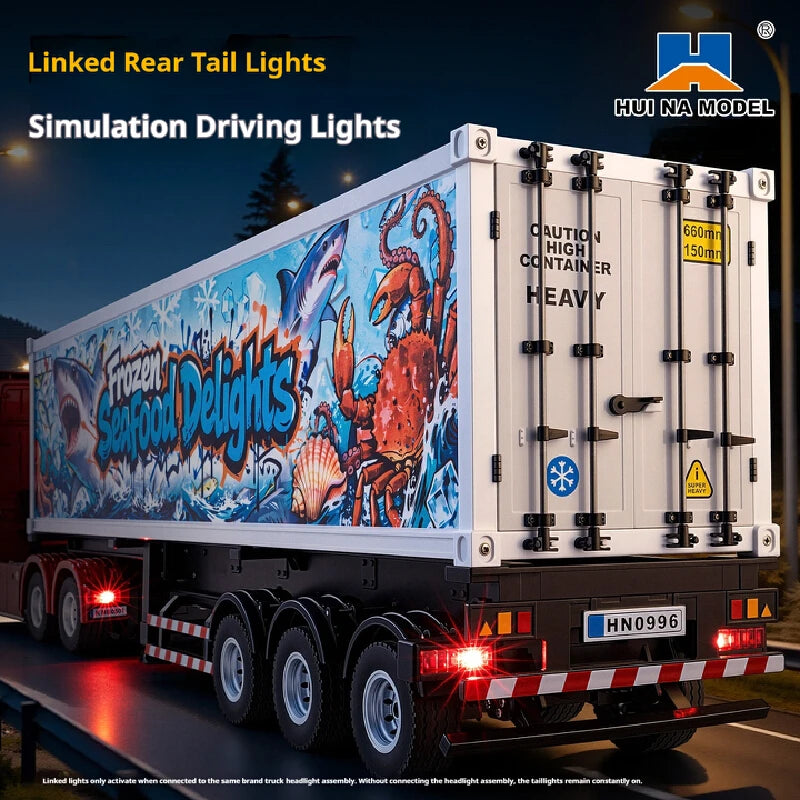 HUI NA MODEL 505D RC Transport Container 1/18 Scale Blue‑White Container Truck Trailer Tractor Head Not Included extra-long body