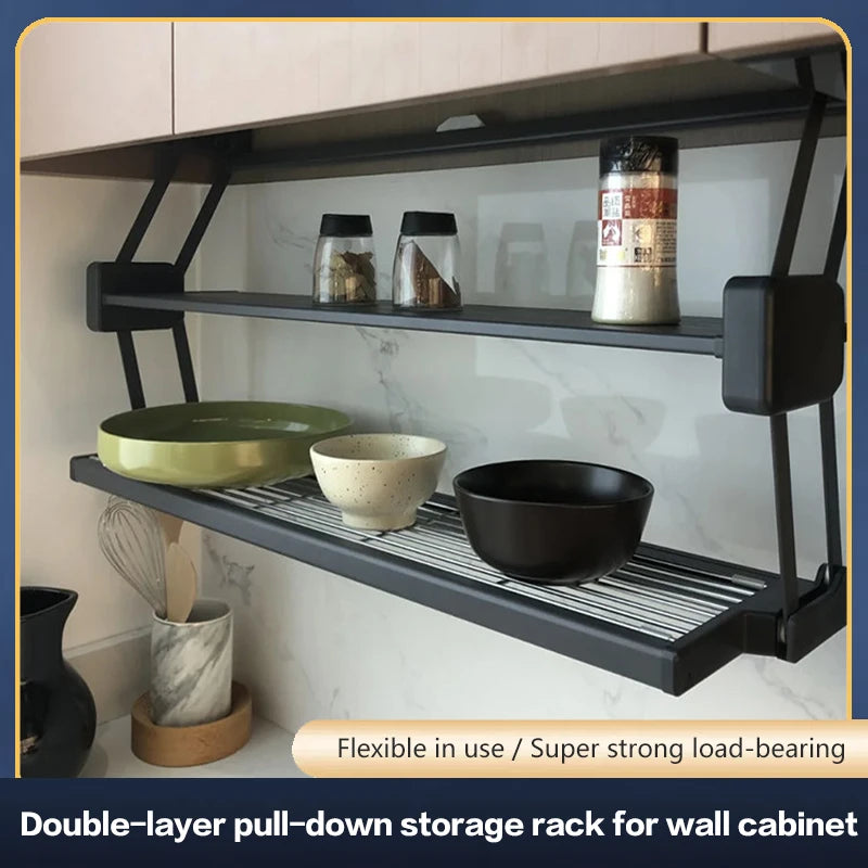 Pull Down Under Cabinet Spice Rack Double Layer Foldable Expandable Aluminum Kitchen Storage Shelf For Dishes Preparation