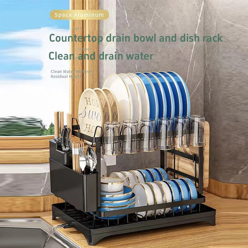 2 Tier Dish Drying Rack for Kitchen Countertop Multi-functional Dish Drainer With Utensil Holder Cup Holder Cutting Board Holder