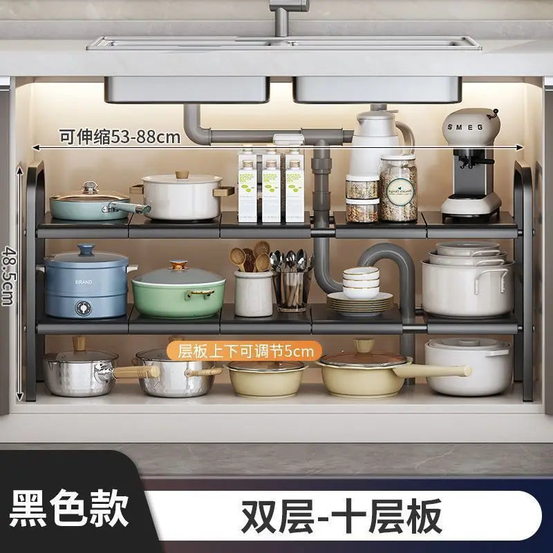 Multilayer Telescopic Kitchen Shelf No Drill Under Sink Storage Rack Expandable Cabinet Organizer for Kitchen Supplies Storage