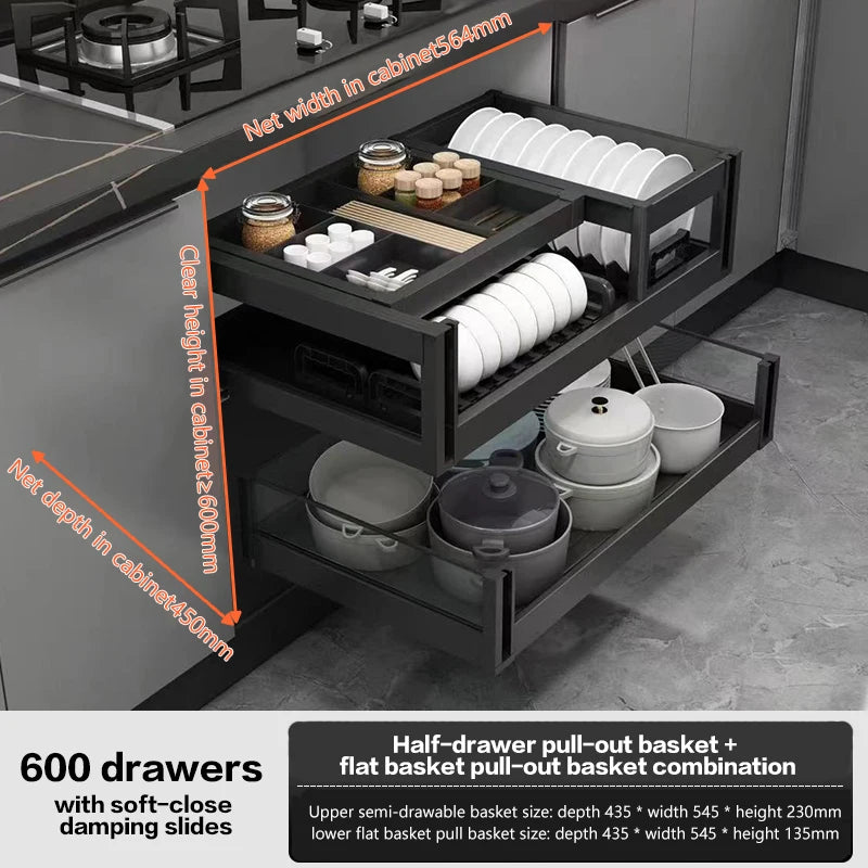 Pull-Out Basket Kitchen Cabinet Double-Layer Pull-Out Space Aluminum Alloy Drawer To Store Seasoning Kitchen Cabinet Bowl Basket