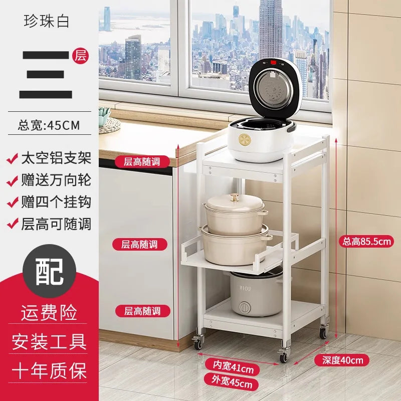 Freestanding Aluminium Kitchen Storage Rack Pull-Out Shelves Adjustable Multi-Tier Widths Caster Wheels Cookware Rice Cooker